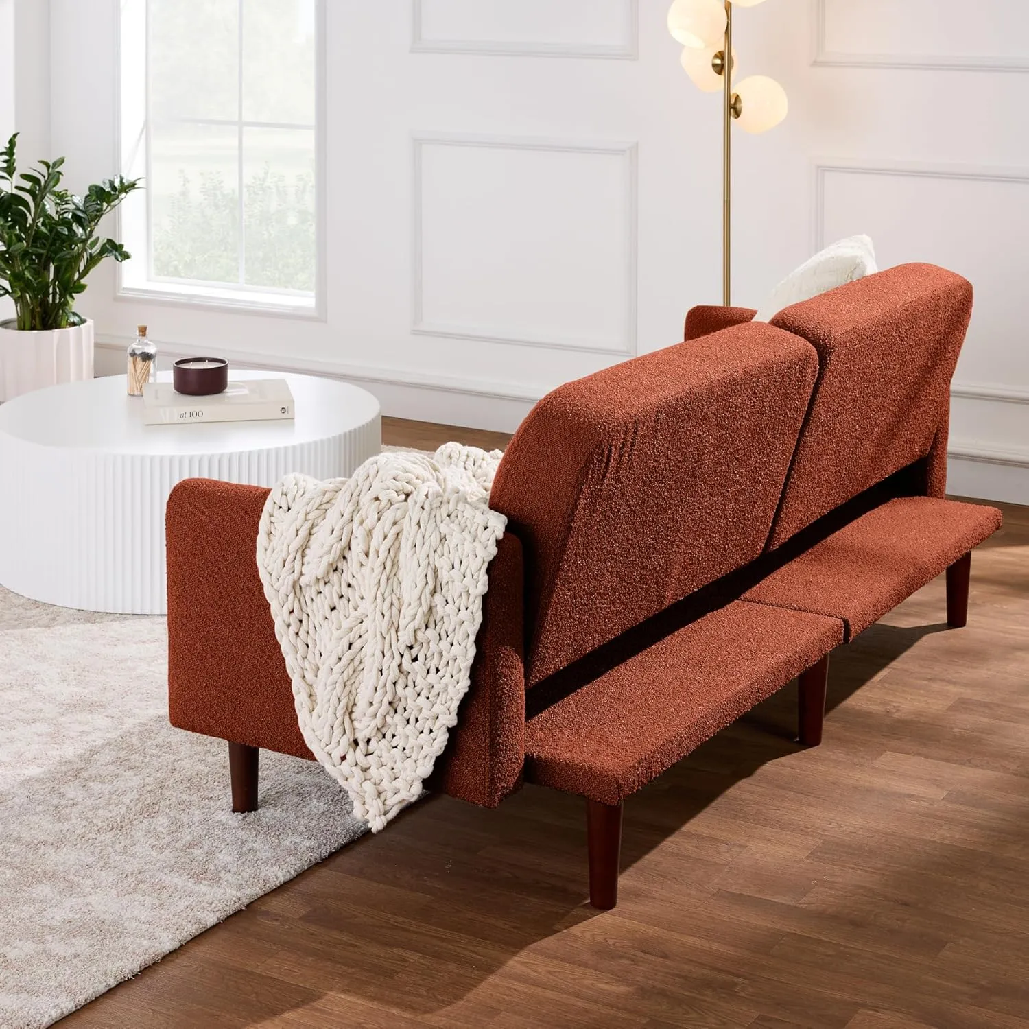 Best Choice Products 77" Mid Century Modern Boucle Loveseat Sofa, Couch, Convertible Sofa Sleeper Bed w/Real Wood, Removable Armrest - Burnt Sienna