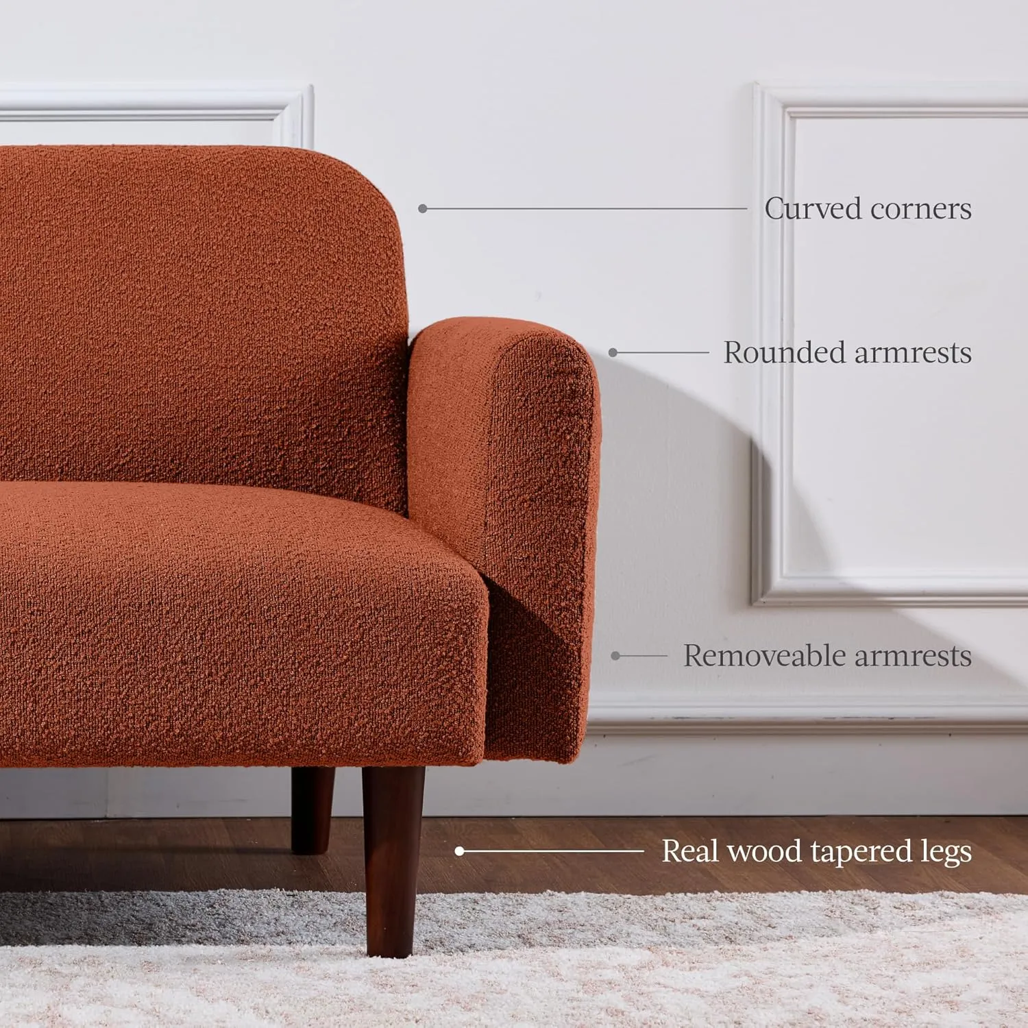Best Choice Products 77" Mid Century Modern Boucle Loveseat Sofa, Couch, Convertible Sofa Sleeper Bed w/Real Wood, Removable Armrest - Burnt Sienna