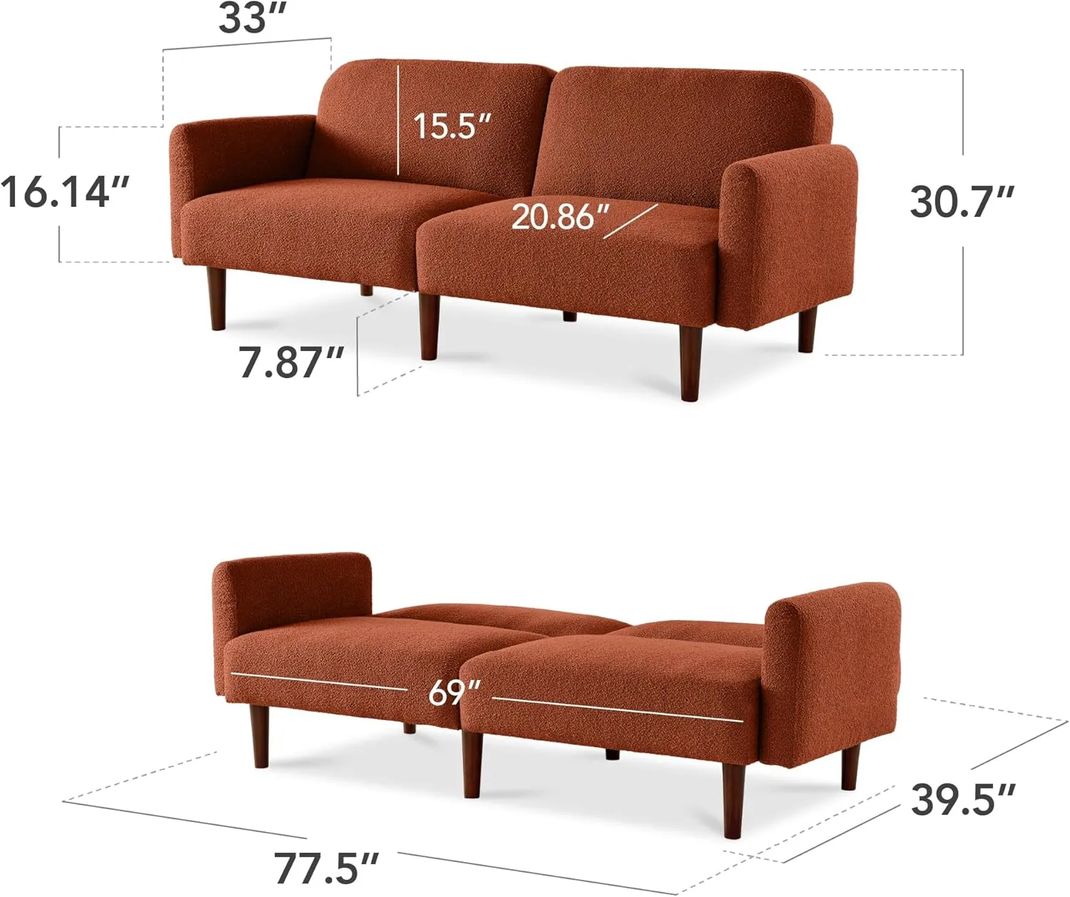 Best Choice Products 77" Mid Century Modern Boucle Loveseat Sofa, Couch, Convertible Sofa Sleeper Bed w/Real Wood, Removable Armrest - Burnt Sienna