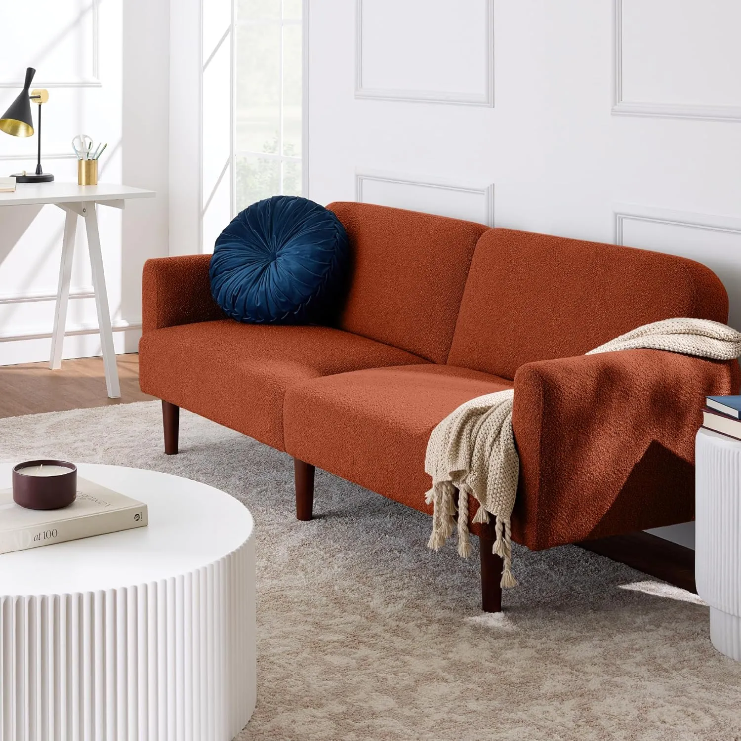Best Choice Products 77" Mid Century Modern Boucle Loveseat Sofa, Couch, Convertible Sofa Sleeper Bed w/Real Wood, Removable Armrest - Burnt Sienna