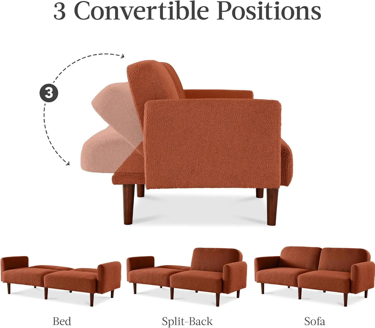 Best Choice Products 77" Mid Century Modern Boucle Loveseat Sofa, Couch, Convertible Sofa Sleeper Bed w/Real Wood, Removable Armrest - Burnt Sienna