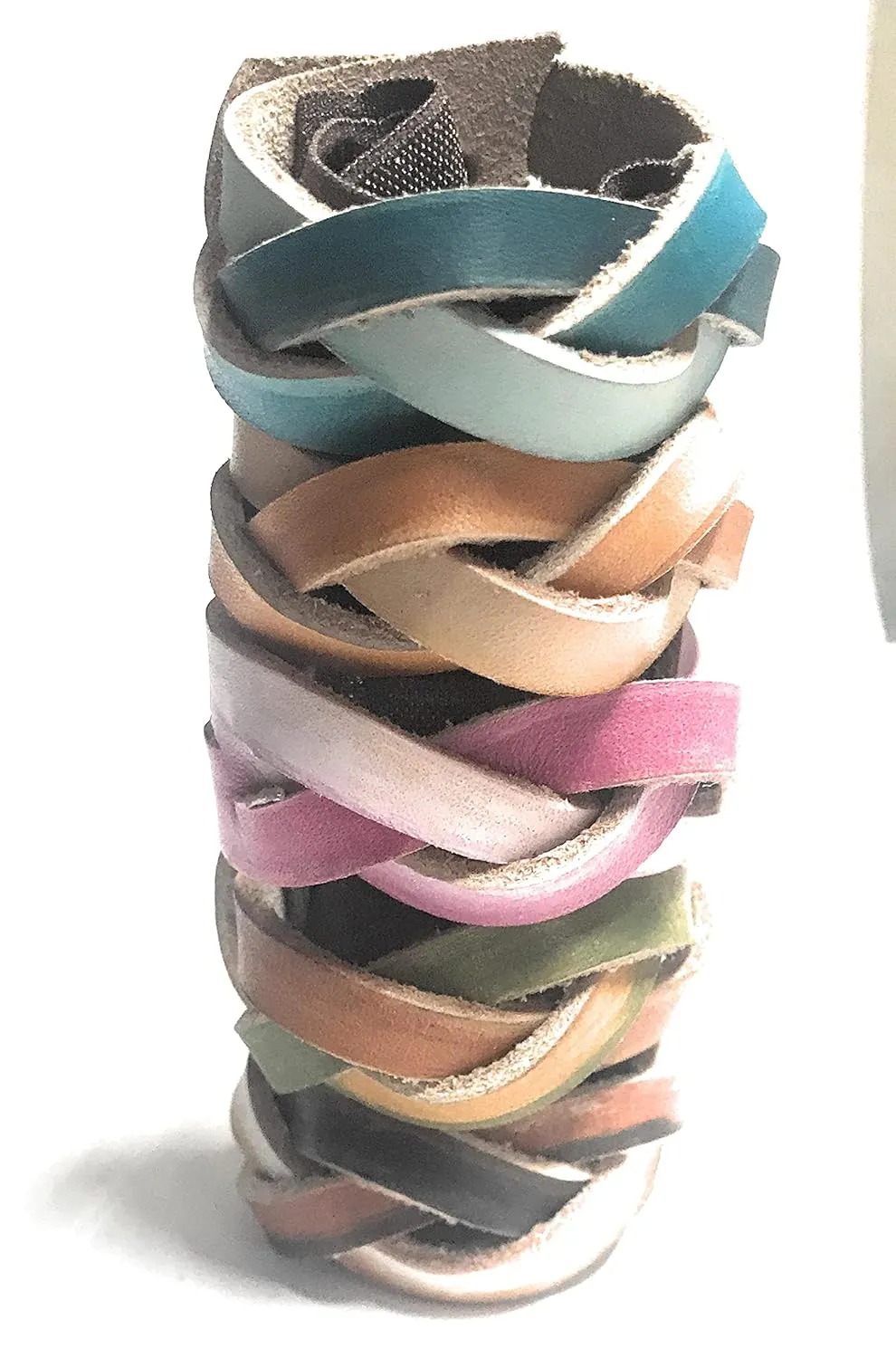 Boho Bright Ombre Braided Leather Ponytail Wrap with Flat Elastic Hair Accessory Gift Idea for Women and Men with Long Hair (Pinks)