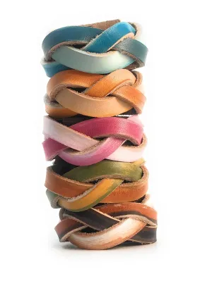Boho Bright Ombre Braided Leather Ponytail Wrap with Flat Elastic Hair Accessory Gift Idea for Women and Men with Long Hair (Pinks)