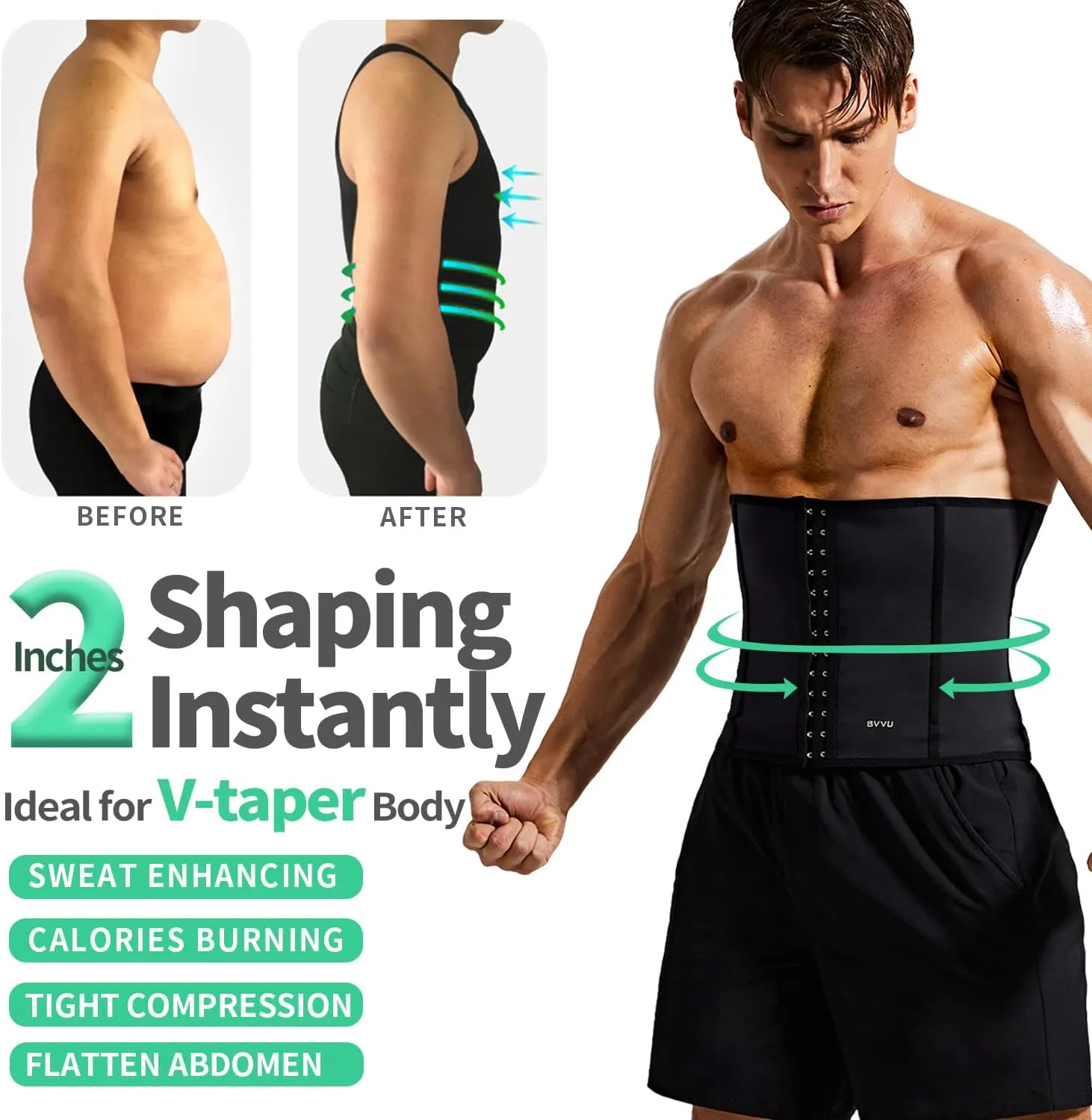 BVVU Waist Trainer for Men Waist Trimmer Tummy Control Sauna Sweat Belt Stomach Wrap Lower Belly Fat Back Support