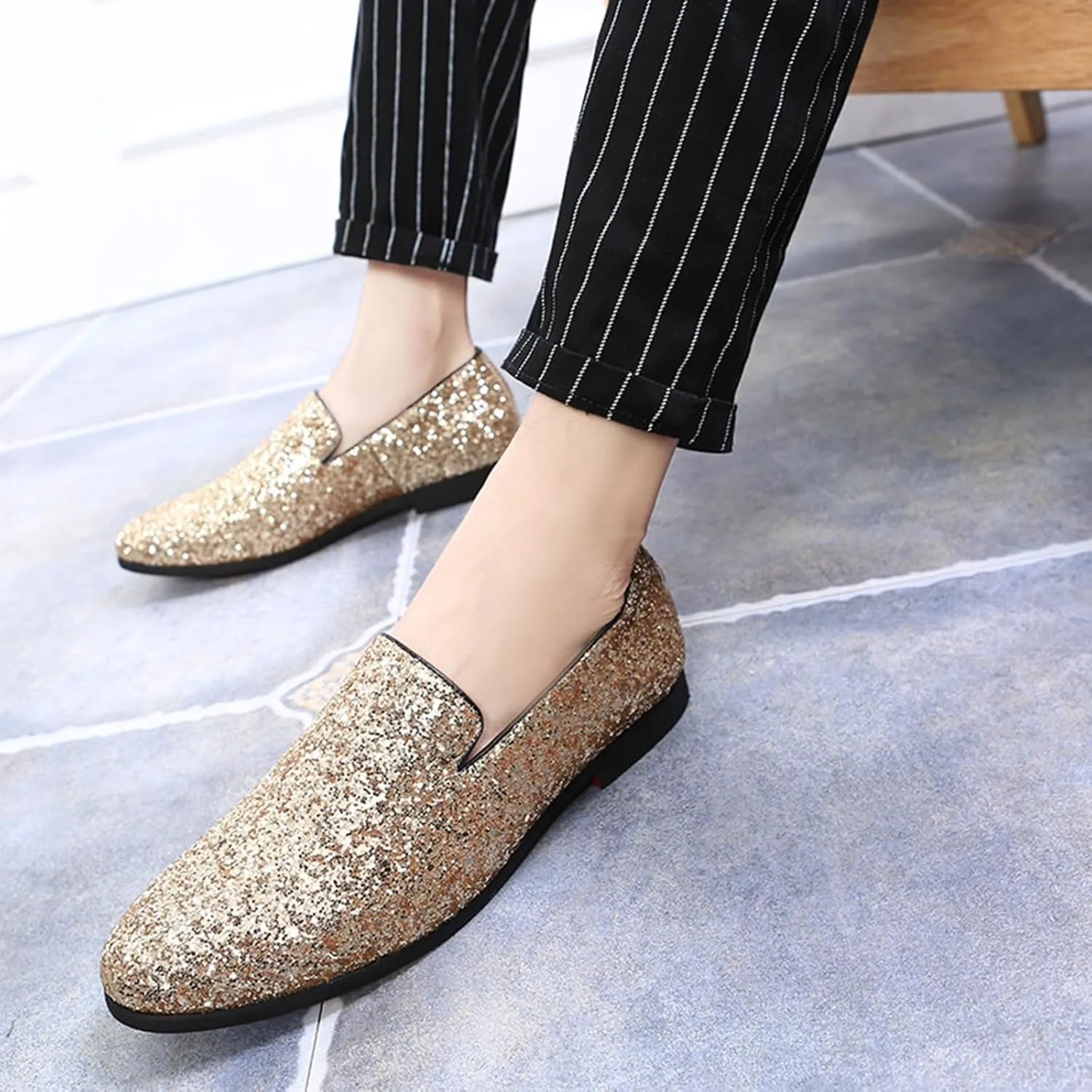ByErz Mens Glitter Loafers Dress Slip on Party Wedding Penny Smoking Sparkly Shoes