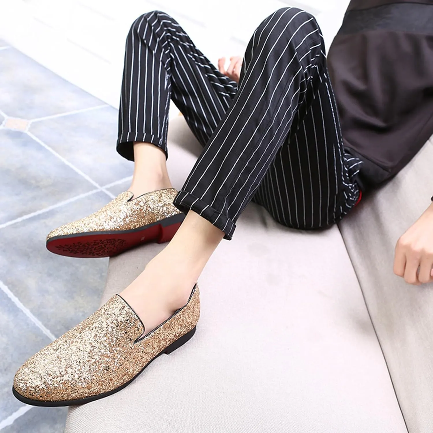 ByErz Mens Glitter Loafers Dress Slip on Party Wedding Penny Smoking Sparkly Shoes