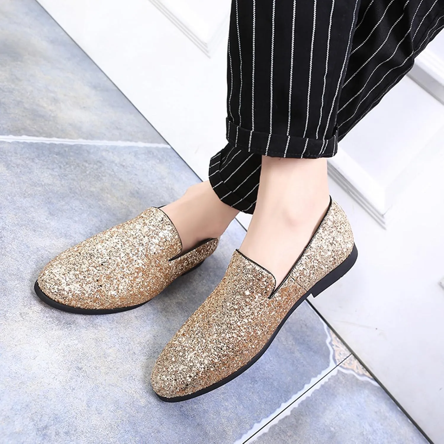 ByErz Mens Glitter Loafers Dress Slip on Party Wedding Penny Smoking Sparkly Shoes