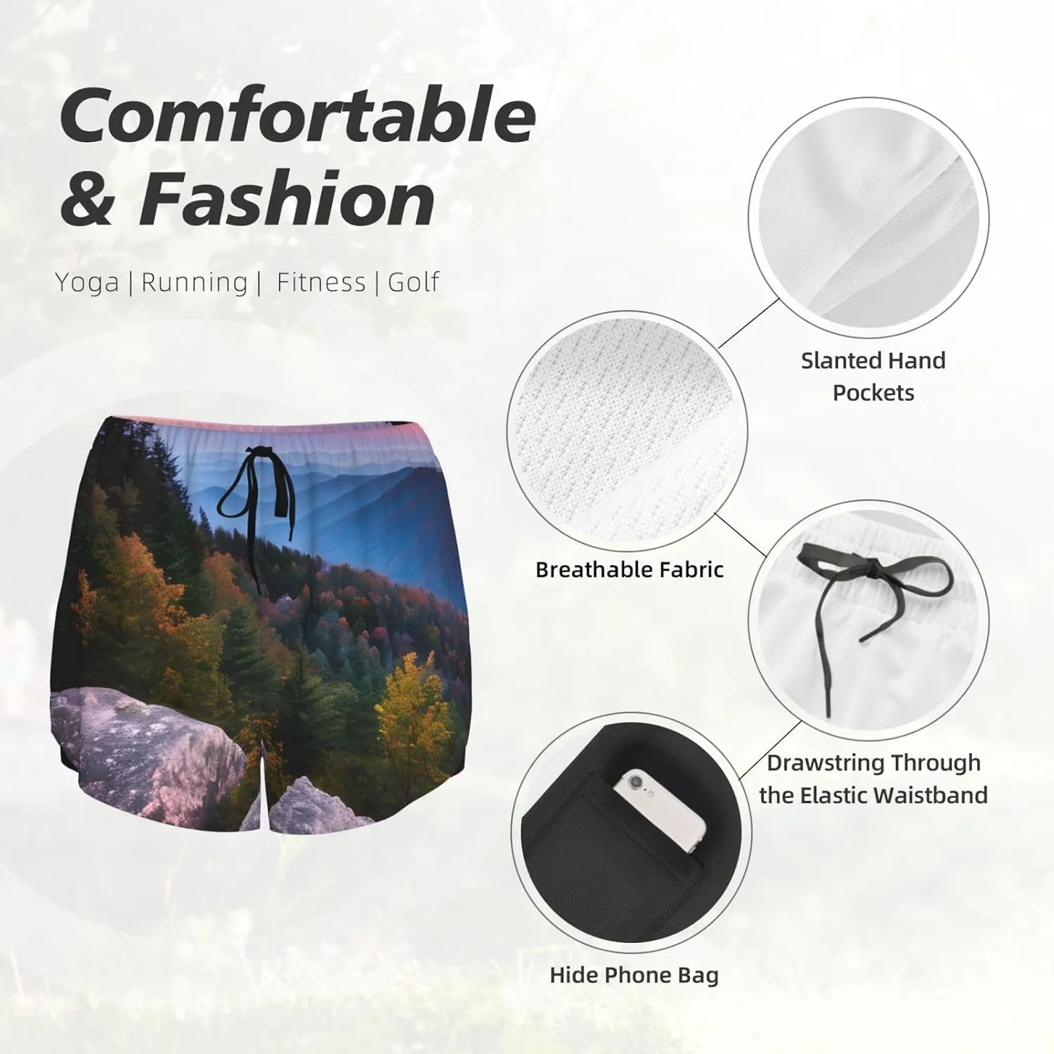 Canadian Mountain Cliff Print Athletic Shorts for Women Running Workout Gym Shorts Womens Shorts with Pockets