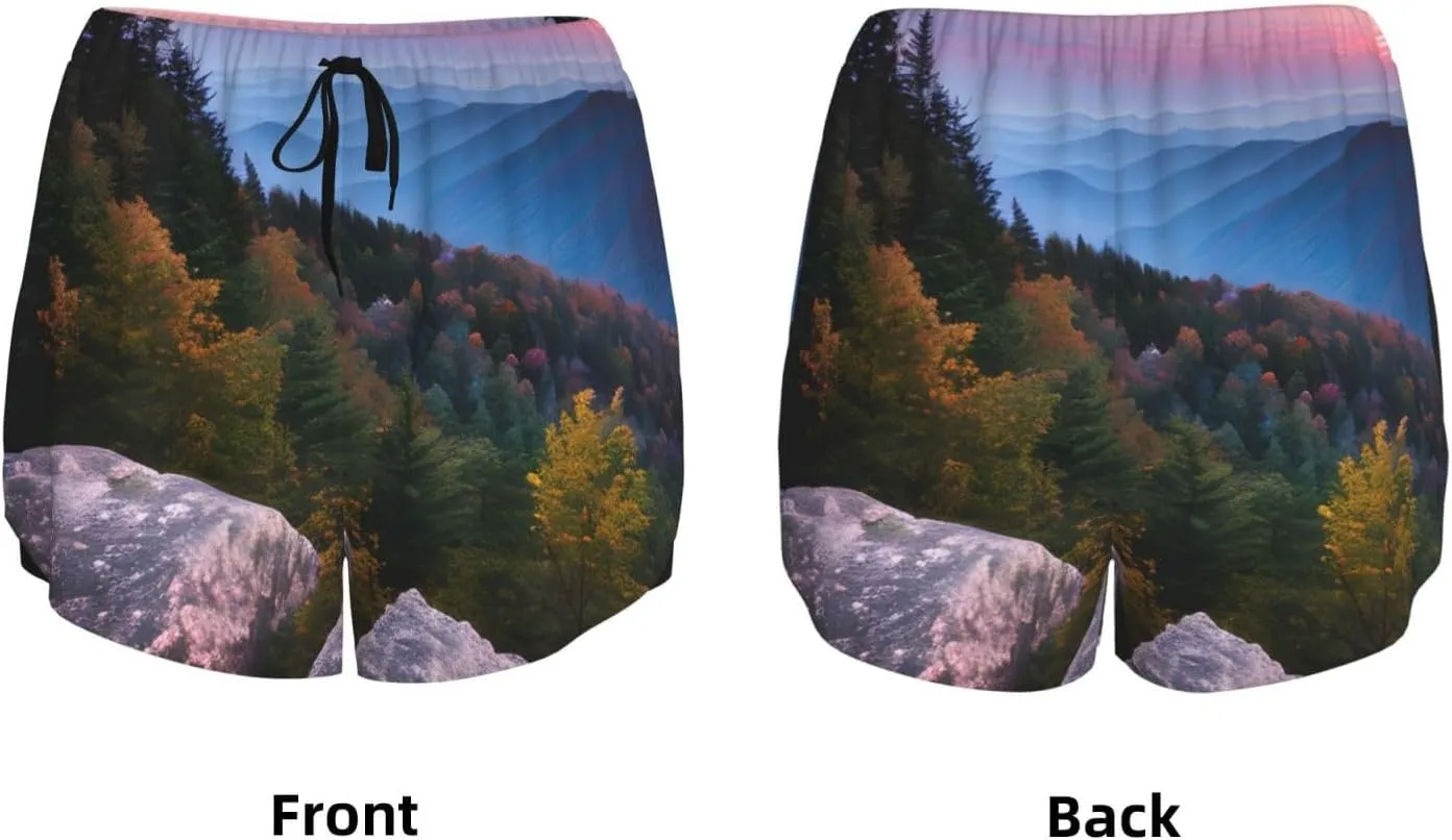 Canadian Mountain Cliff Print Athletic Shorts for Women Running Workout Gym Shorts Womens Shorts with Pockets