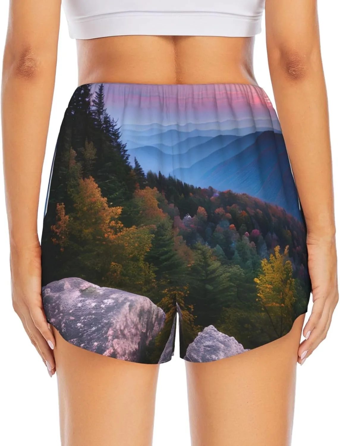 Canadian Mountain Cliff Print Athletic Shorts for Women Running Workout Gym Shorts Womens Shorts with Pockets