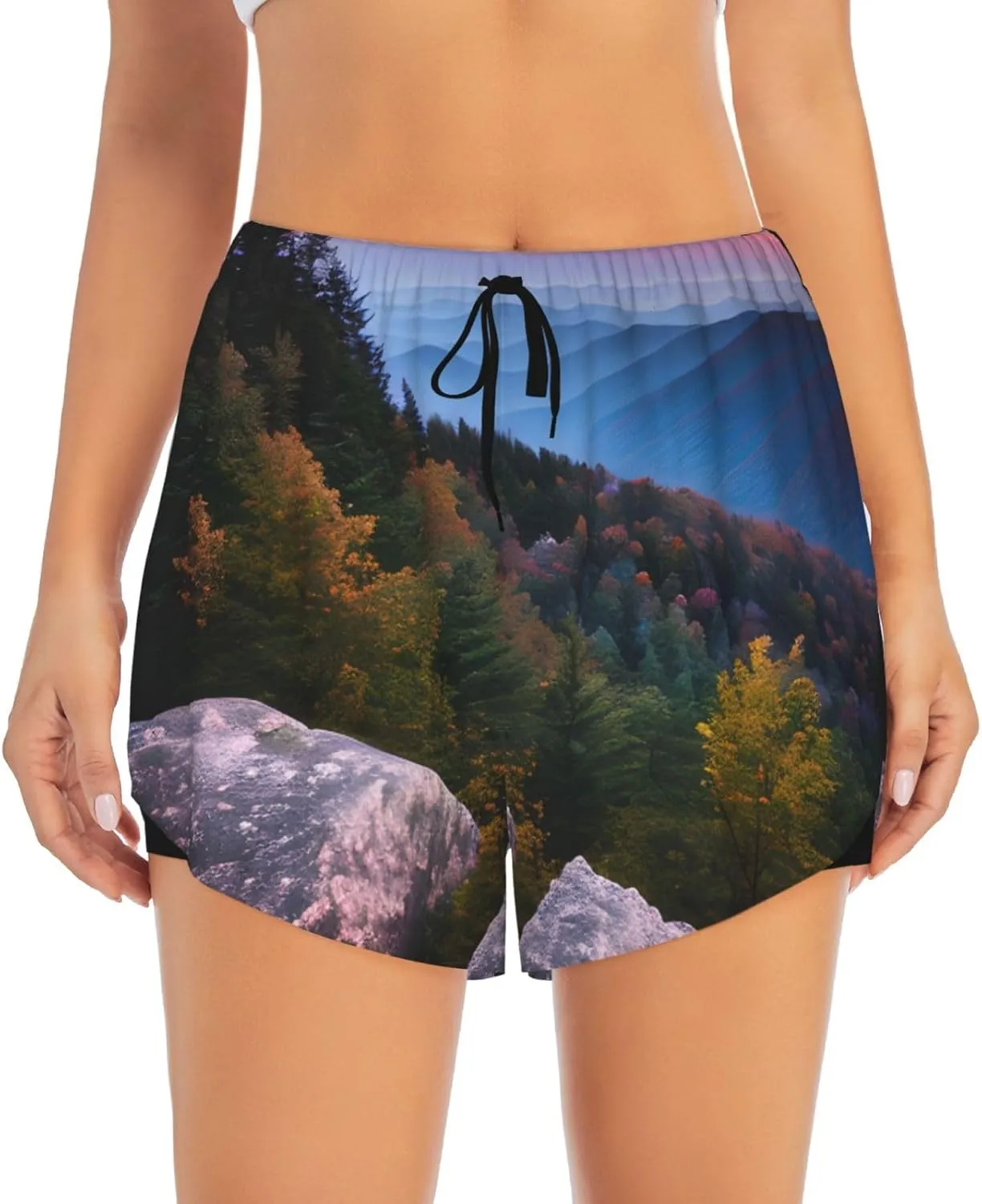 Canadian Mountain Cliff Print Athletic Shorts for Women Running Workout Gym Shorts Womens Shorts with Pockets