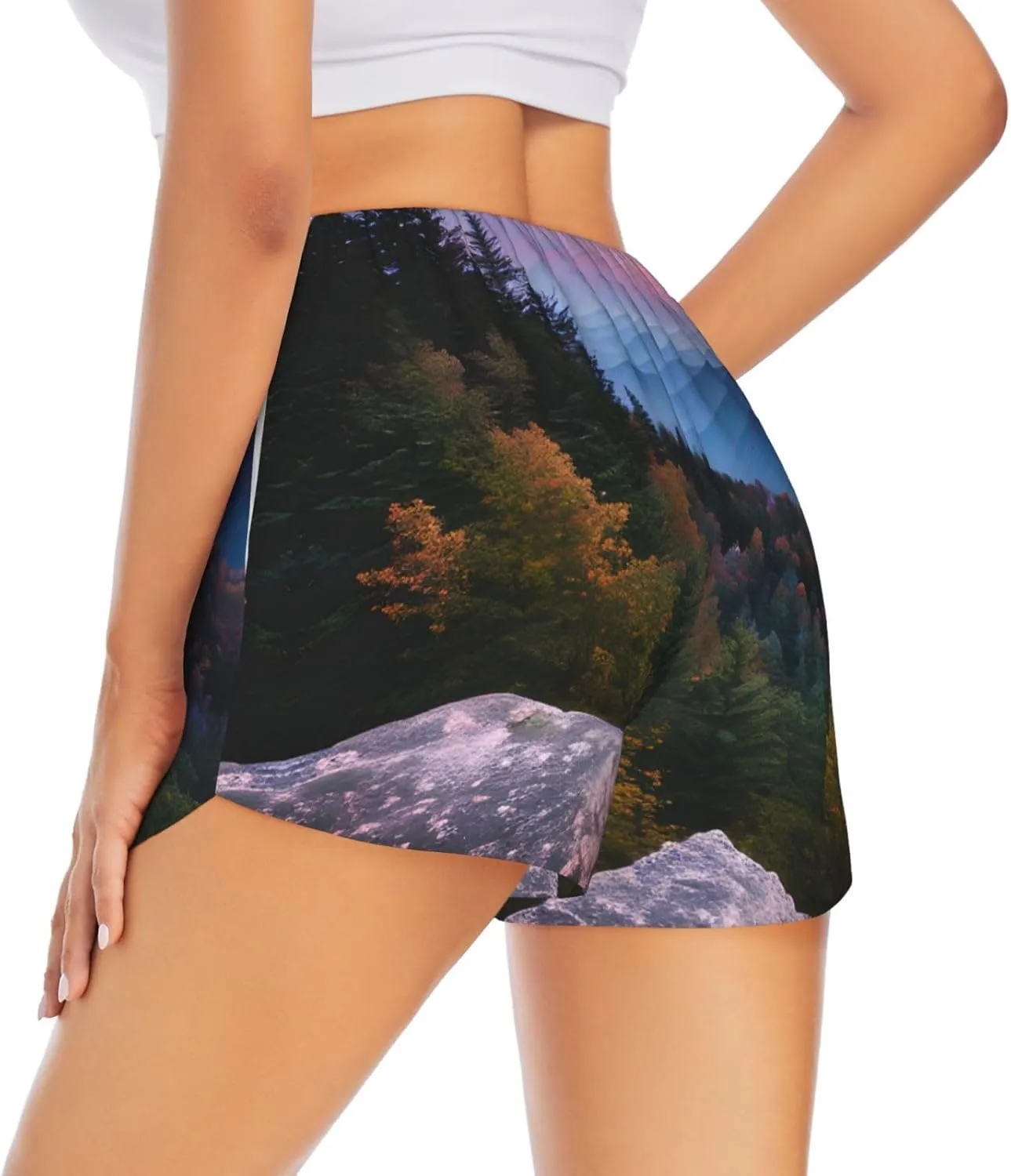 Canadian Mountain Cliff Print Athletic Shorts for Women Running Workout Gym Shorts Womens Shorts with Pockets