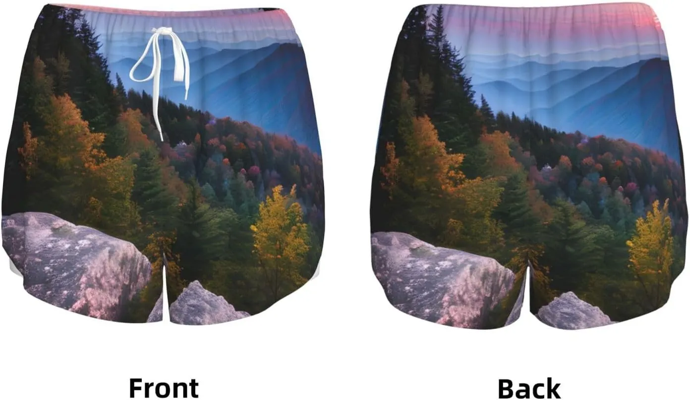 Canadian Mountain Cliff Print Athletic Shorts for Women Running Workout Gym Shorts Womens Shorts with Pockets