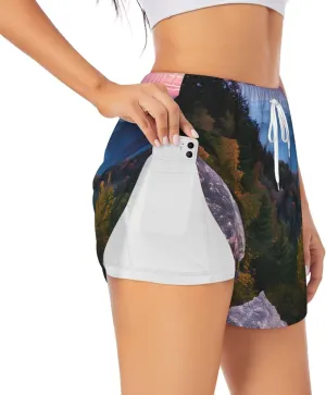 Canadian Mountain Cliff Print Athletic Shorts for Women Running Workout Gym Shorts Womens Shorts with Pockets
