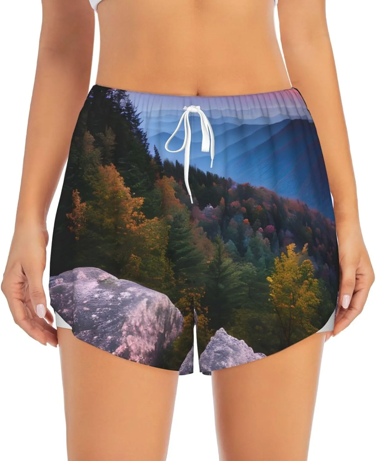 Canadian Mountain Cliff Print Athletic Shorts for Women Running Workout Gym Shorts Womens Shorts with Pockets