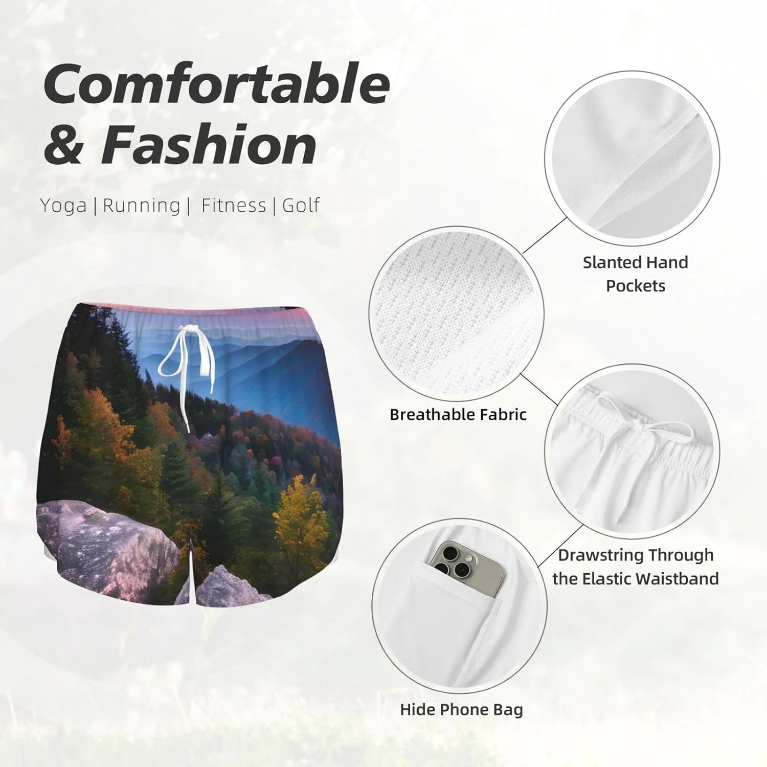 Canadian Mountain Cliff Print Athletic Shorts for Women Running Workout Gym Shorts Womens Shorts with Pockets
