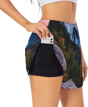 Canadian Mountain Cliff Print Athletic Shorts for Women Running Workout Gym Shorts Womens Shorts with Pockets