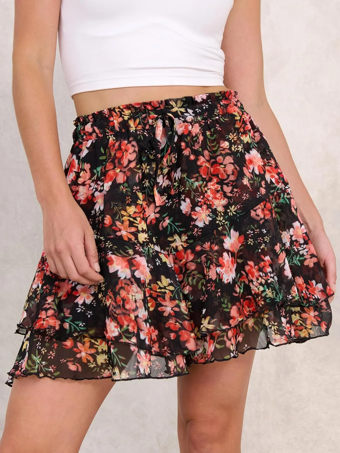 Caracilia Skorts for Women Boho Casual Beach Mini Skirts Summer Floral Ruffle Chiffon Flowy Shorts 2025 Trendy Outfits