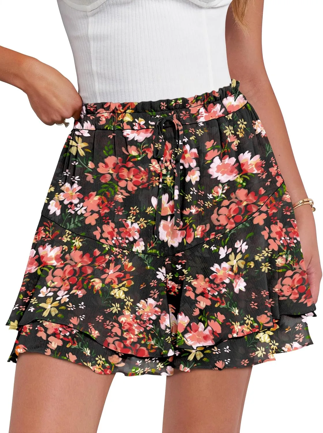 Caracilia Skorts for Women Boho Casual Beach Mini Skirts Summer Floral Ruffle Chiffon Flowy Shorts 2025 Trendy Outfits