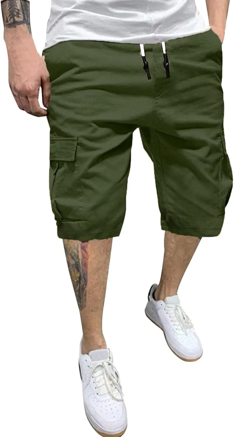 Cargo Shorts for Men Big and Tall Summer Casual Work Shorts Drawstring Elastic Waist Knee Length Bermuda Short 2025