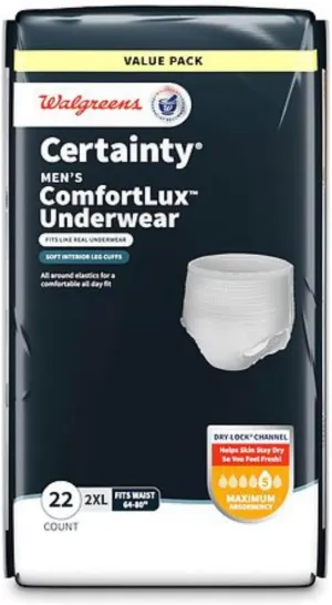 Certainty Men's ComfortLux Underwear, 2XL, Maximum Absorbency, 22 Count, Fits Waist 64-80 Inches (Pack of 2) Total 44 Count