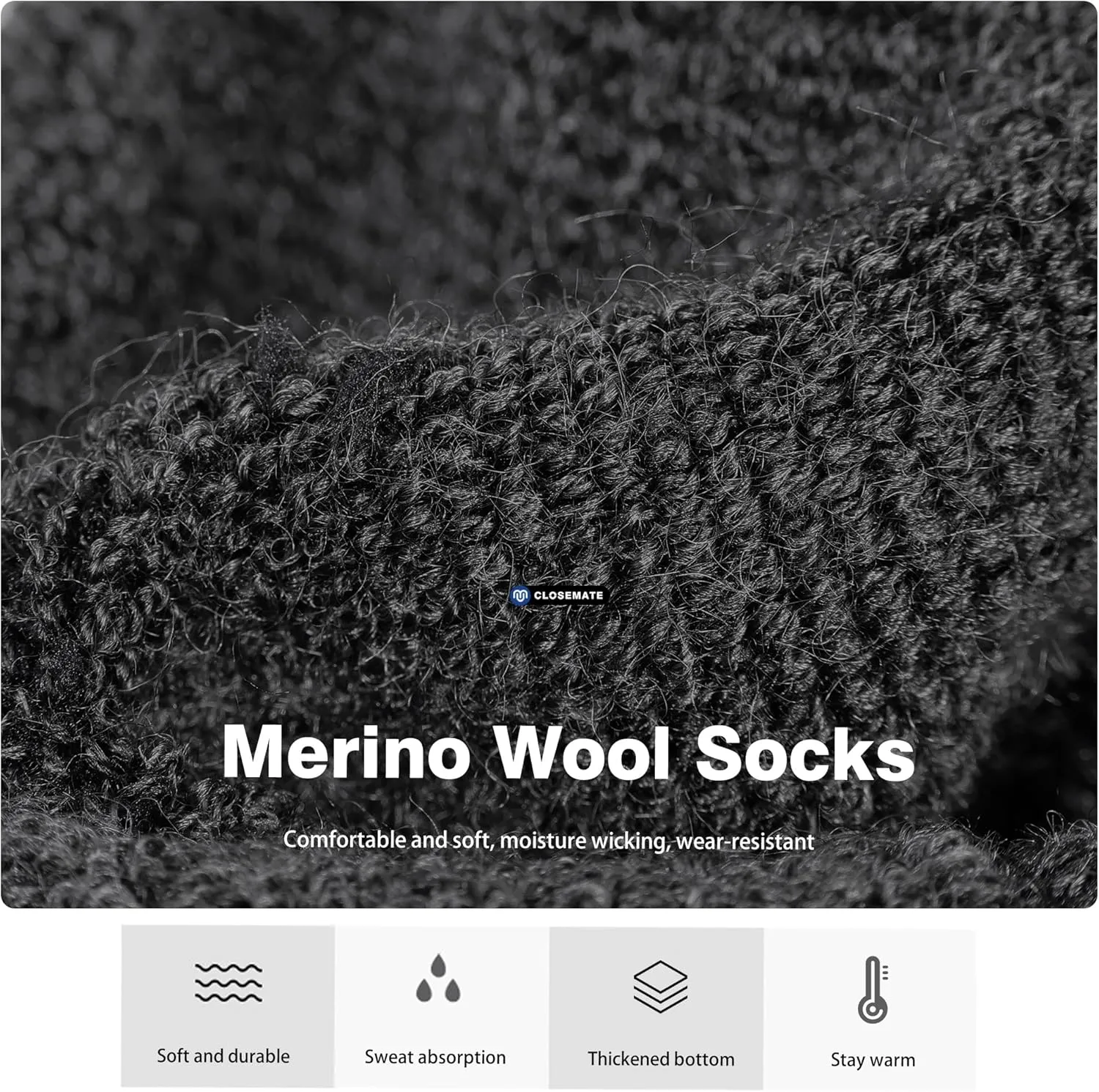 CLOSEMATE Mens Merino Wool Winter Thermal Crew Socks Cushioned Anti Blister Moisture Wicking for Hiking Sports 3 Pairs