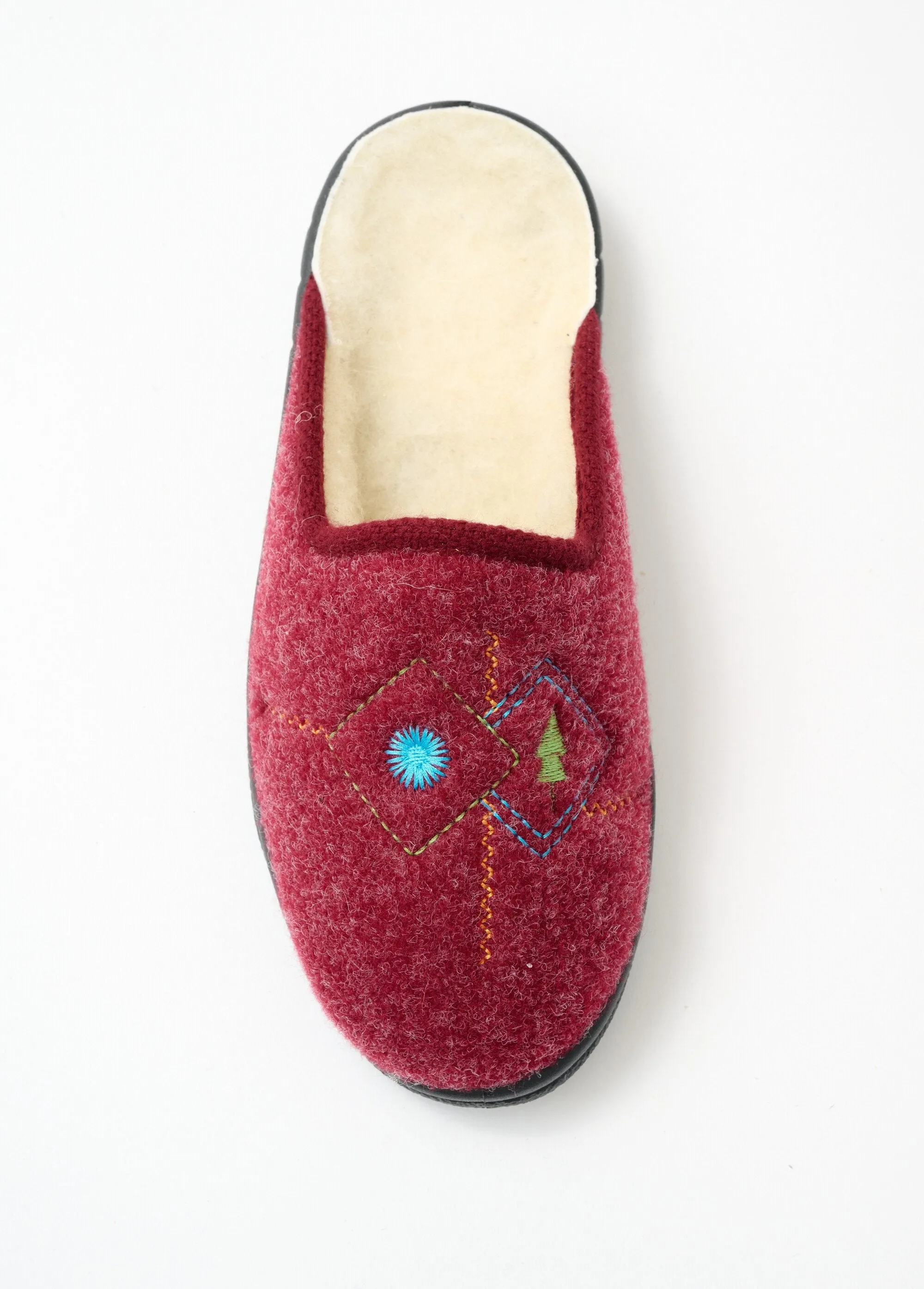 Comfort width embroidered fur-lined mule slippers
