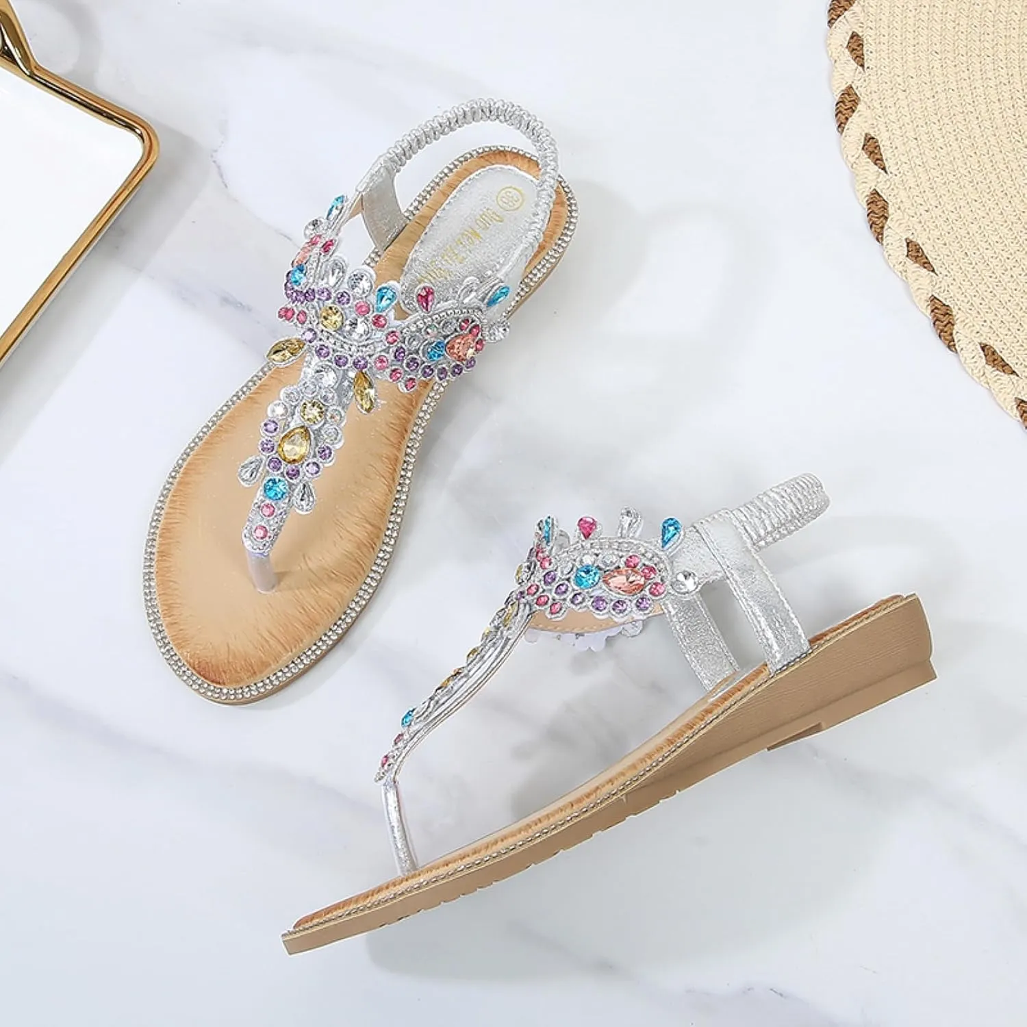 Comfortable Women's Sandals Summer Bohemian Rhinestone Beach Flip Flops Sandals Casual Flat Elastic Strap Sandals