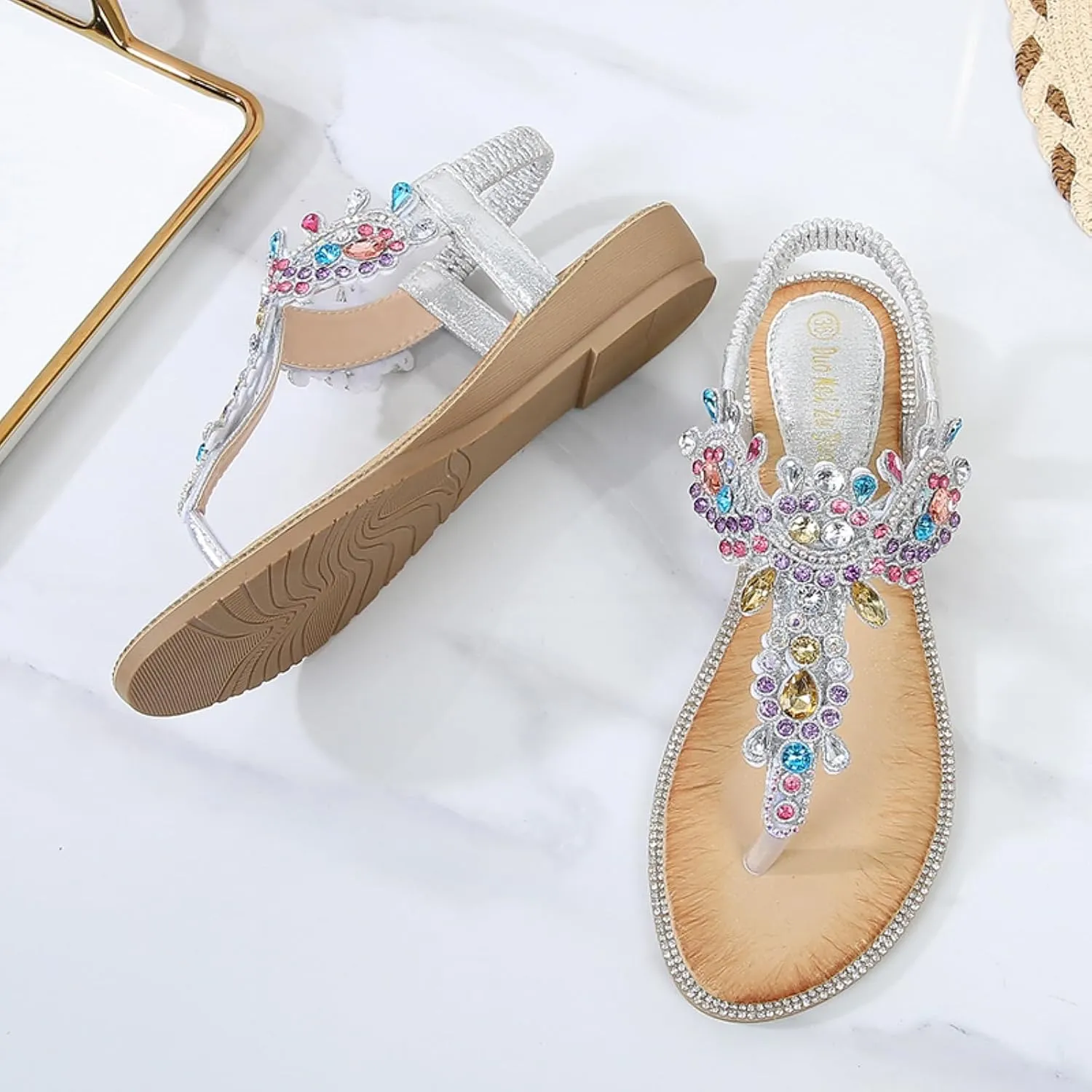 Comfortable Women's Sandals Summer Bohemian Rhinestone Beach Flip Flops Sandals Casual Flat Elastic Strap Sandals