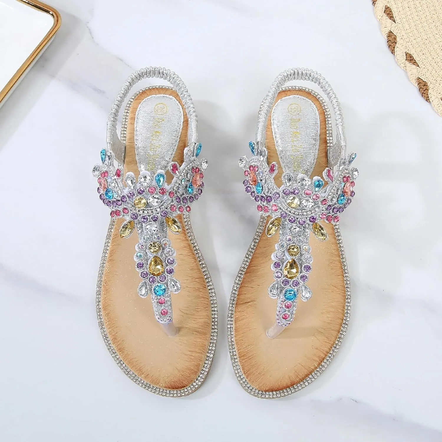 Comfortable Women's Sandals Summer Bohemian Rhinestone Beach Flip Flops Sandals Casual Flat Elastic Strap Sandals