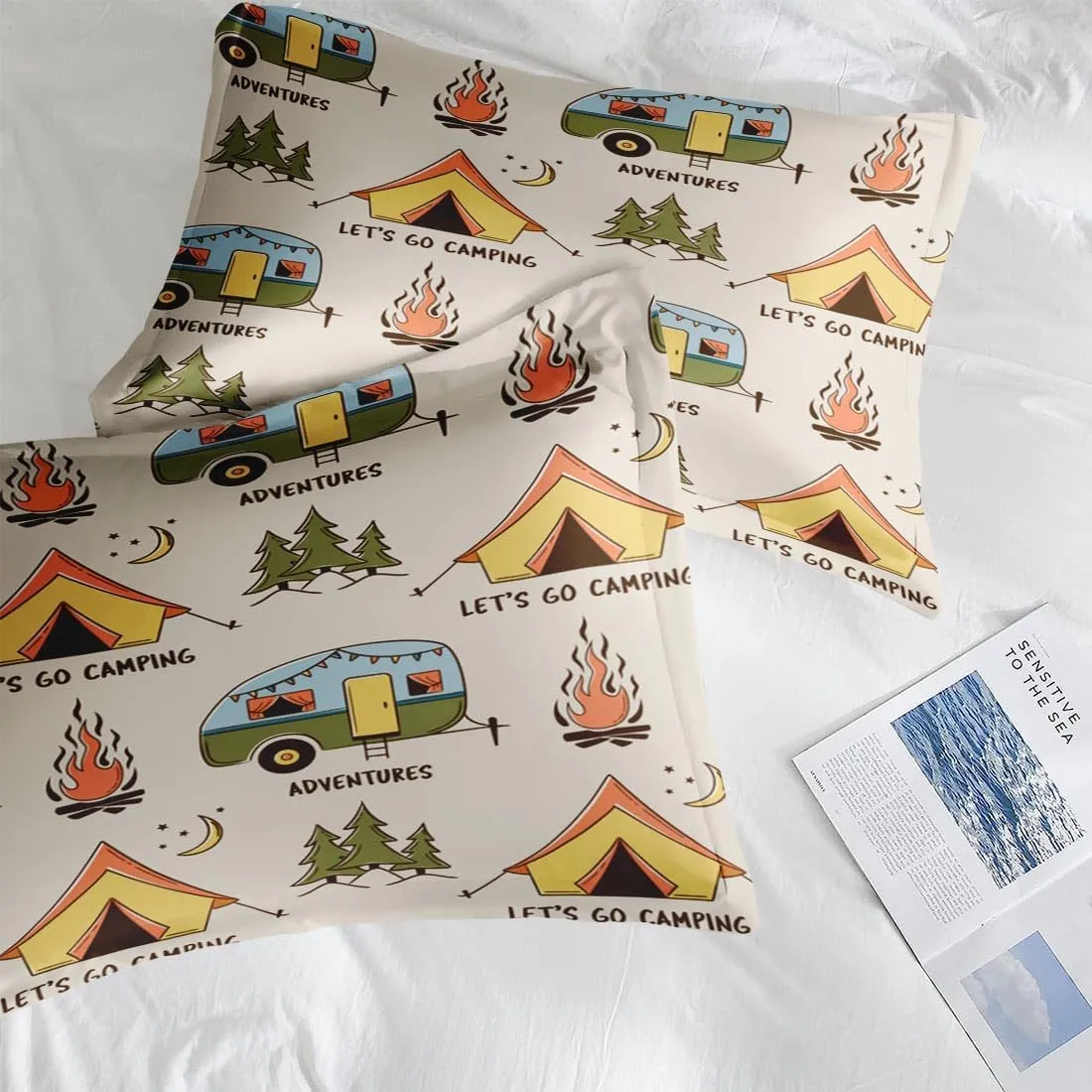 Comforter Set Queen Size, Summer Camp Camper 7 Pcs Bedding for Kids and Adults, Camping Adventure Bed Sheet Sets with Fitted Sheet 2 Pillowcases & 2 Shams for Bedroom Bed Decor