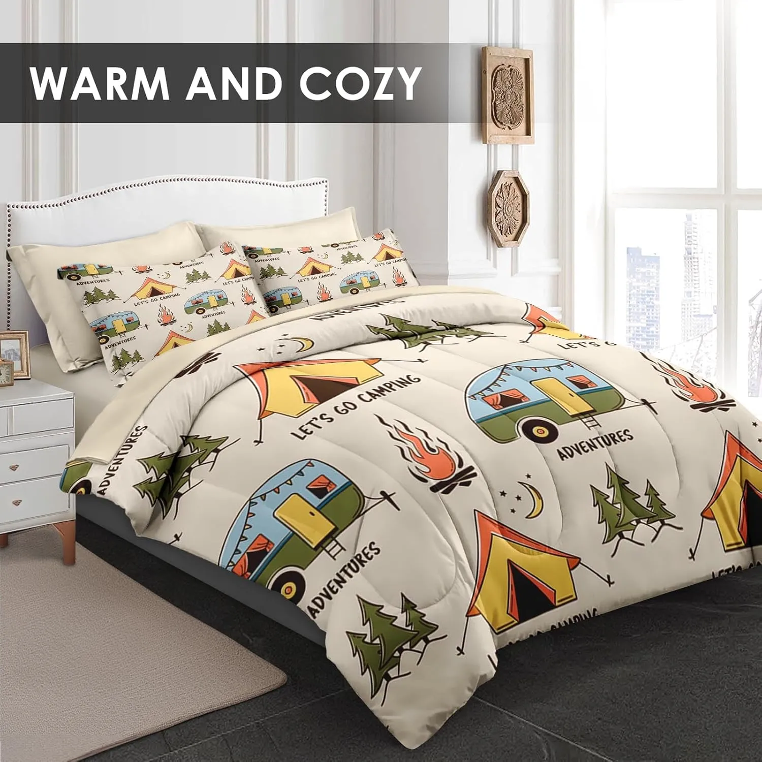 Comforter Set Queen Size, Summer Camp Camper 7 Pcs Bedding for Kids and Adults, Camping Adventure Bed Sheet Sets with Fitted Sheet 2 Pillowcases & 2 Shams for Bedroom Bed Decor