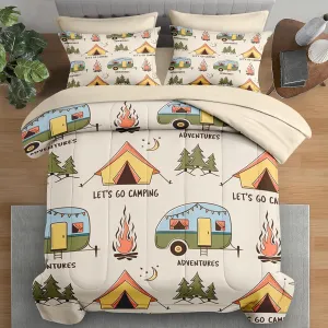 Comforter Set Queen Size, Summer Camp Camper 7 Pcs Bedding for Kids and Adults, Camping Adventure Bed Sheet Sets with Fitted Sheet 2 Pillowcases & 2 Shams for Bedroom Bed Decor