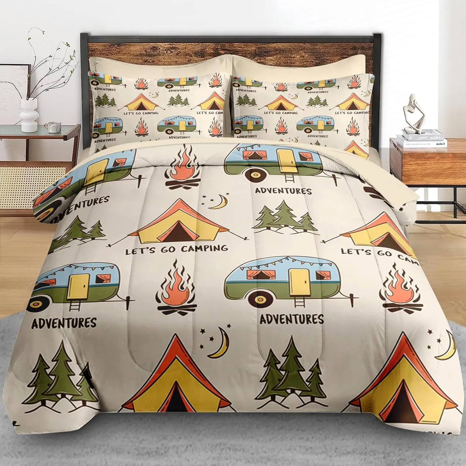 Comforter Set Queen Size, Summer Camp Camper 7 Pcs Bedding for Kids and Adults, Camping Adventure Bed Sheet Sets with Fitted Sheet 2 Pillowcases & 2 Shams for Bedroom Bed Decor