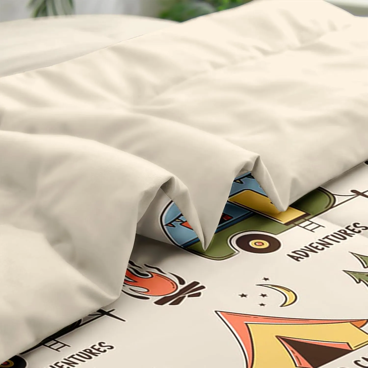 Comforter Set Queen Size, Summer Camp Camper 7 Pcs Bedding for Kids and Adults, Camping Adventure Bed Sheet Sets with Fitted Sheet 2 Pillowcases & 2 Shams for Bedroom Bed Decor