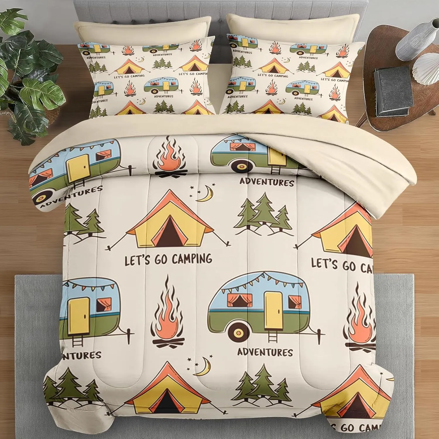 Comforter Set Queen Size, Summer Camp Camper 7 Pcs Bedding for Kids and Adults, Camping Adventure Bed Sheet Sets with Fitted Sheet 2 Pillowcases & 2 Shams for Bedroom Bed Decor
