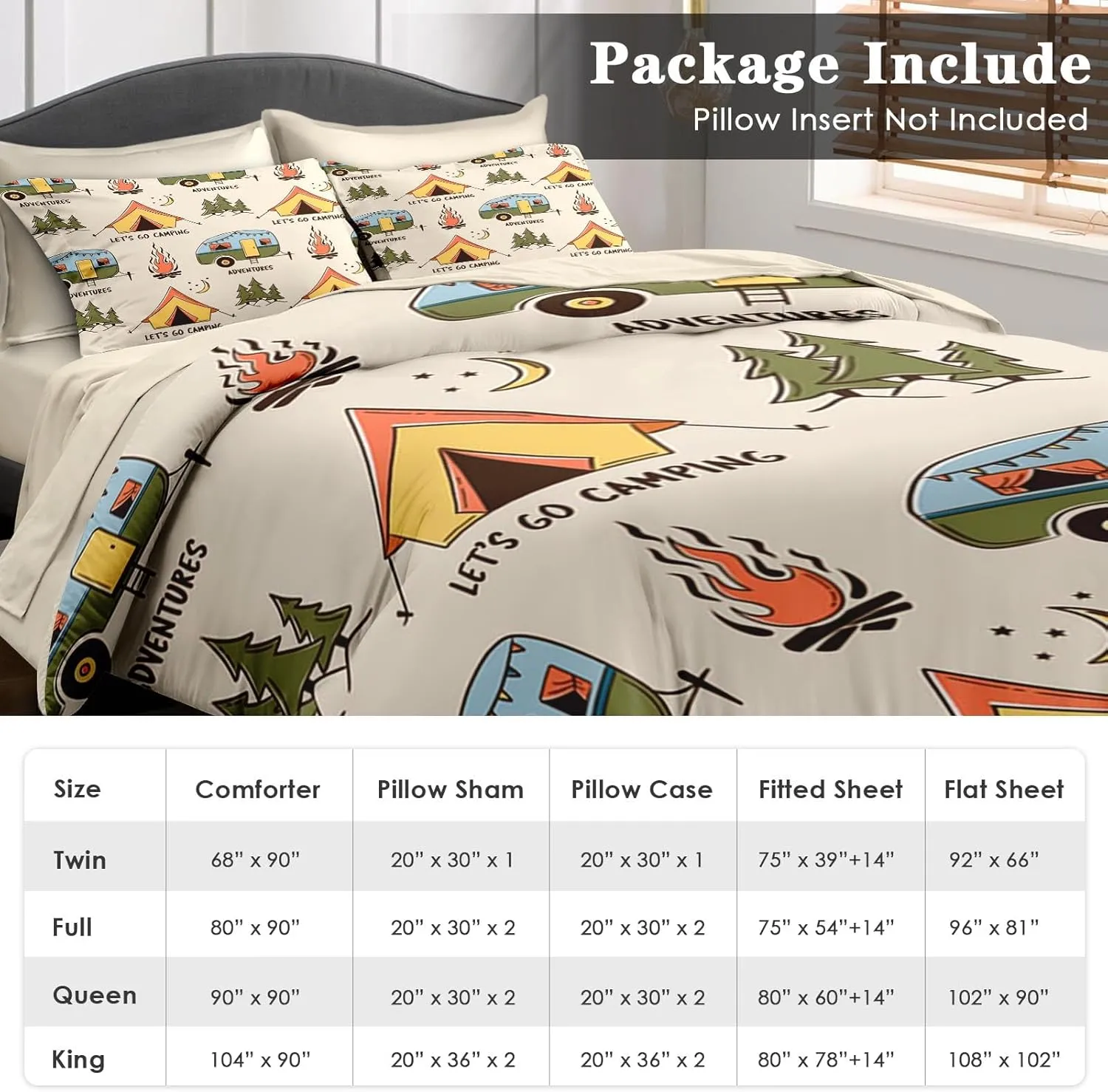 Comforter Set Queen Size, Summer Camp Camper 7 Pcs Bedding for Kids and Adults, Camping Adventure Bed Sheet Sets with Fitted Sheet 2 Pillowcases & 2 Shams for Bedroom Bed Decor