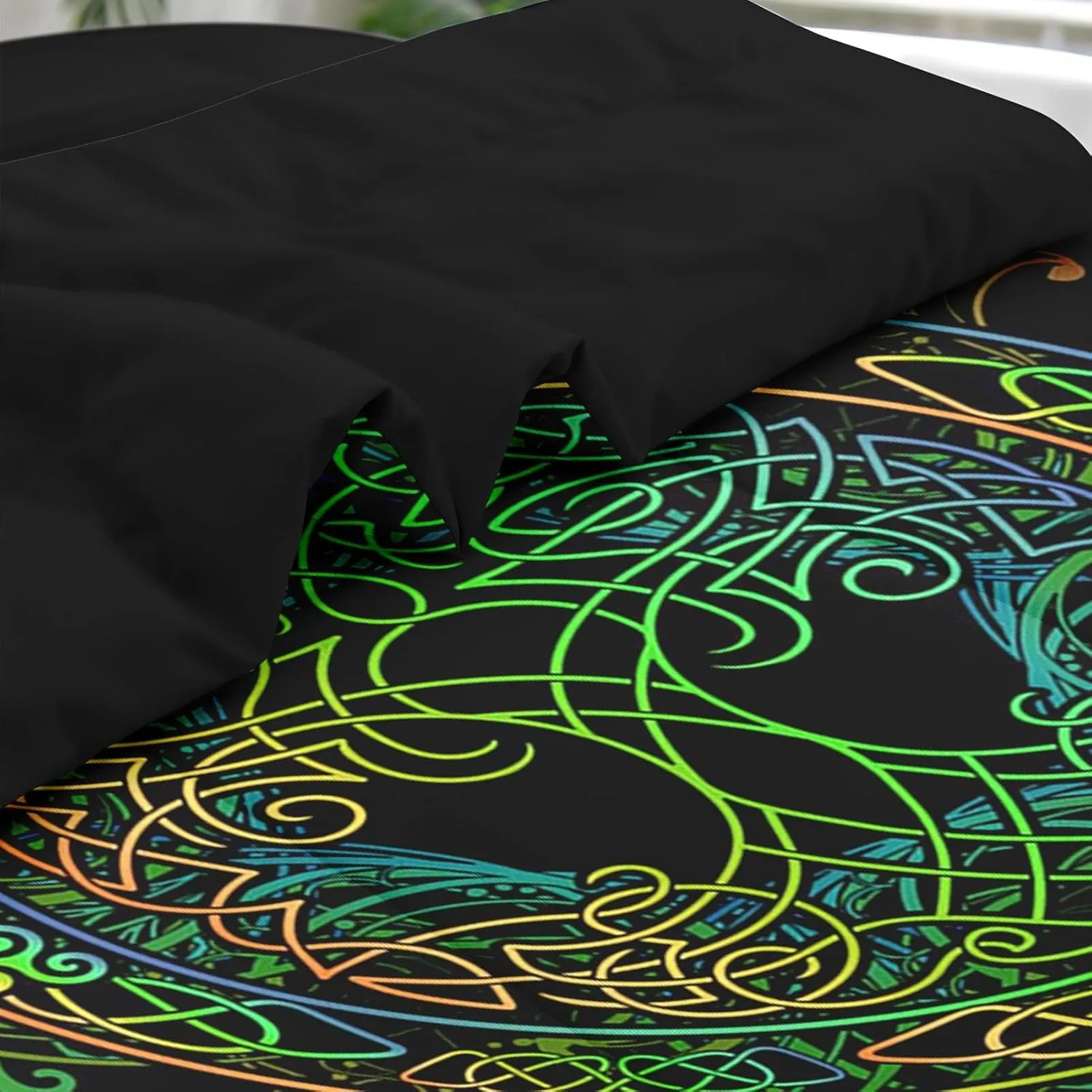 Comforter Set Queen Size, Tree of Life Green 7 Pcs Bedding for Kids and Adults, Geometry Viking Modern Bed Sheet Sets with Fitted Sheet 2 Pillowcase & 2 Sham for Bedroom Bed Decor