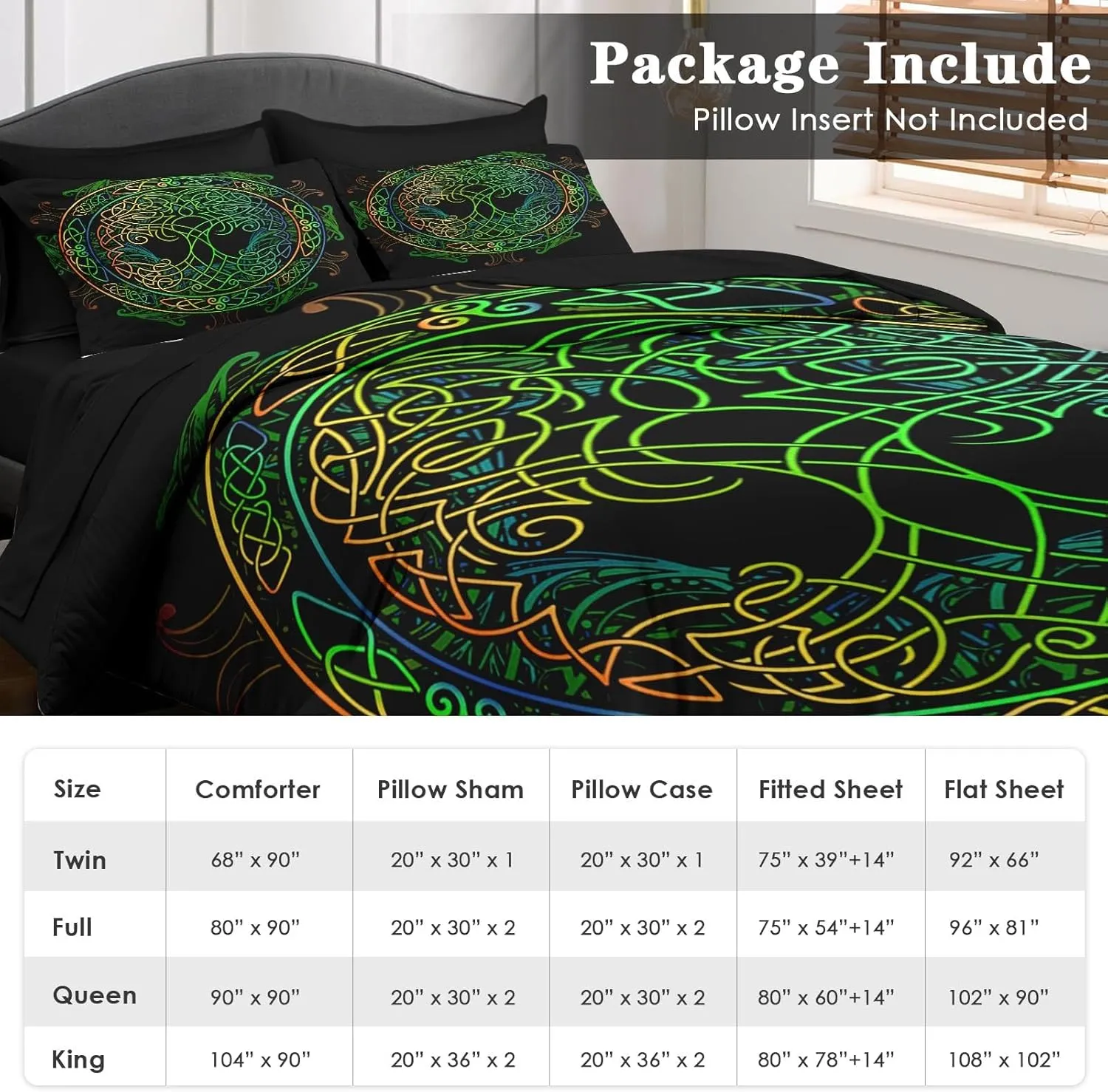 Comforter Set Queen Size, Tree of Life Green 7 Pcs Bedding for Kids and Adults, Geometry Viking Modern Bed Sheet Sets with Fitted Sheet 2 Pillowcase & 2 Sham for Bedroom Bed Decor