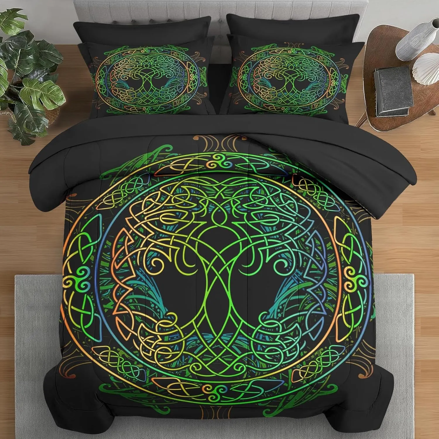 Comforter Set Queen Size, Tree of Life Green 7 Pcs Bedding for Kids and Adults, Geometry Viking Modern Bed Sheet Sets with Fitted Sheet 2 Pillowcase & 2 Sham for Bedroom Bed Decor