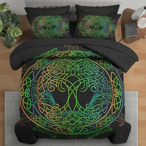 Comforter Set Queen Size, Tree of Life Green 7 Pcs Bedding for Kids and Adults, Geometry Viking Modern Bed Sheet Sets with Fitted Sheet 2 Pillowcase & 2 Sham for Bedroom Bed Decor