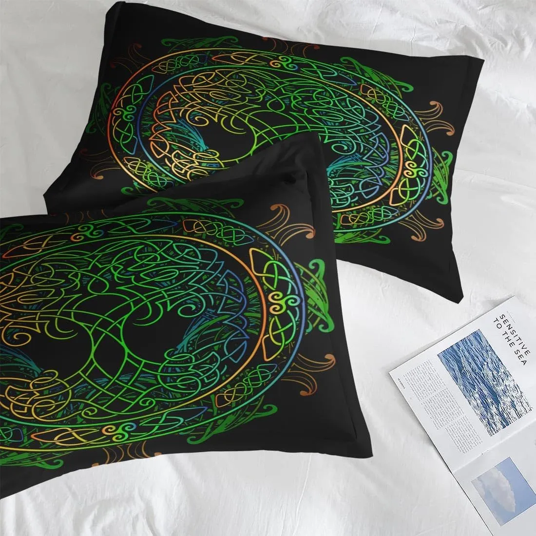Comforter Set Queen Size, Tree of Life Green 7 Pcs Bedding for Kids and Adults, Geometry Viking Modern Bed Sheet Sets with Fitted Sheet 2 Pillowcase & 2 Sham for Bedroom Bed Decor