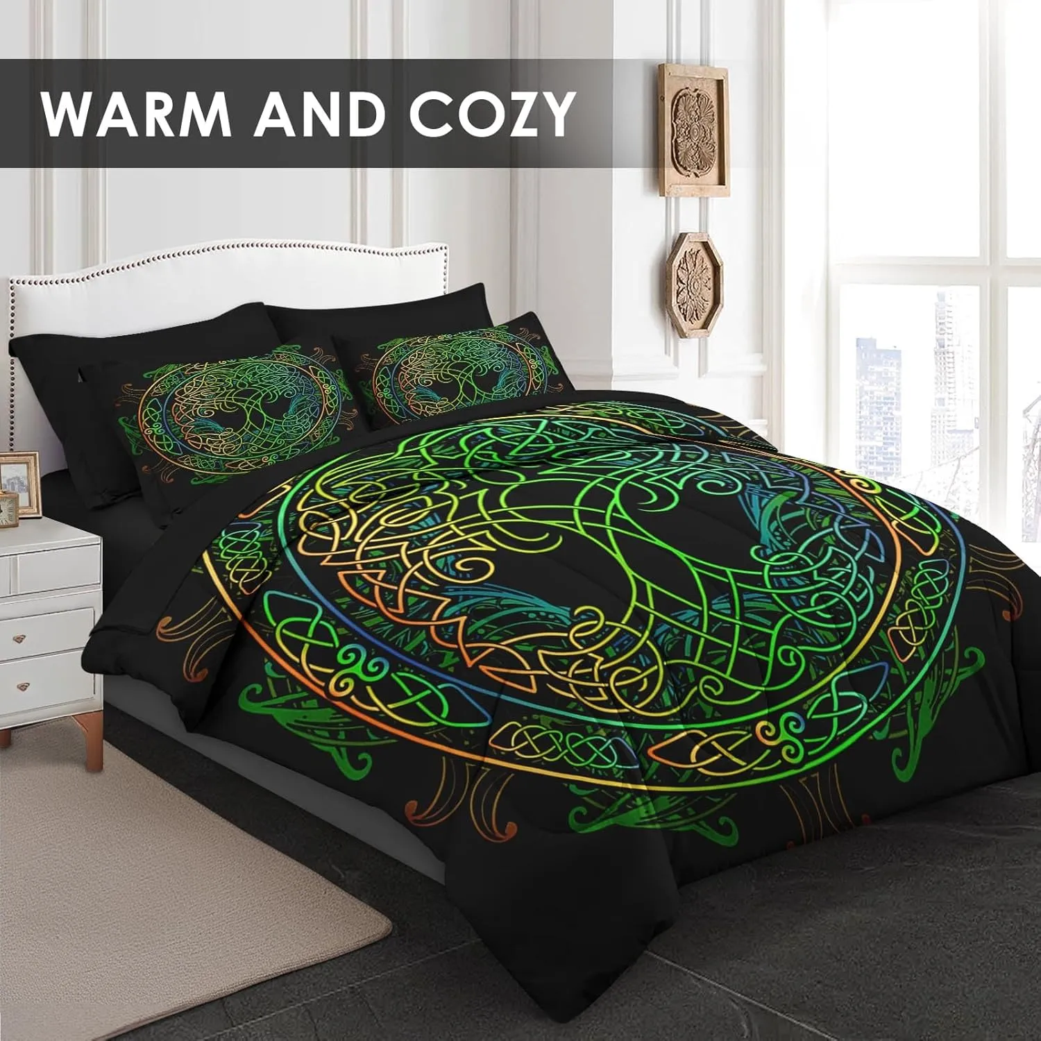 Comforter Set Queen Size, Tree of Life Green 7 Pcs Bedding for Kids and Adults, Geometry Viking Modern Bed Sheet Sets with Fitted Sheet 2 Pillowcase & 2 Sham for Bedroom Bed Decor
