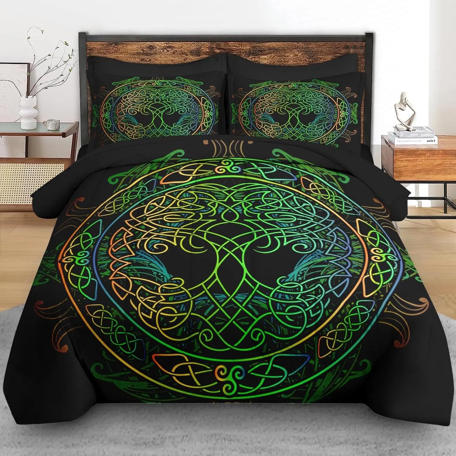 Comforter Set Queen Size, Tree of Life Green 7 Pcs Bedding for Kids and Adults, Geometry Viking Modern Bed Sheet Sets with Fitted Sheet 2 Pillowcase & 2 Sham for Bedroom Bed Decor
