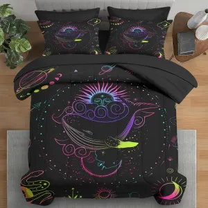 Comforter Set Queen Size, Vintage Sun Moon 7 Pcs Bedding for Kids and Adults, Space Retro Gothic Colorful Bed Sheet Sets with Fitted Sheet 2 Pillowcase & 2 Sham for Bedroom Bed Decor
