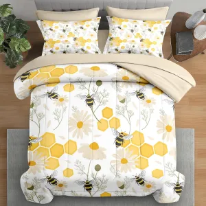 Comforter Set Twin Size, Bees Honey Flower 5 Pcs Bedding for Kids and Adults, Spring Floral Summer Bed Sheet Sets with Fitted Sheet Pillowcase & Sham for Bedroom Bed Decor