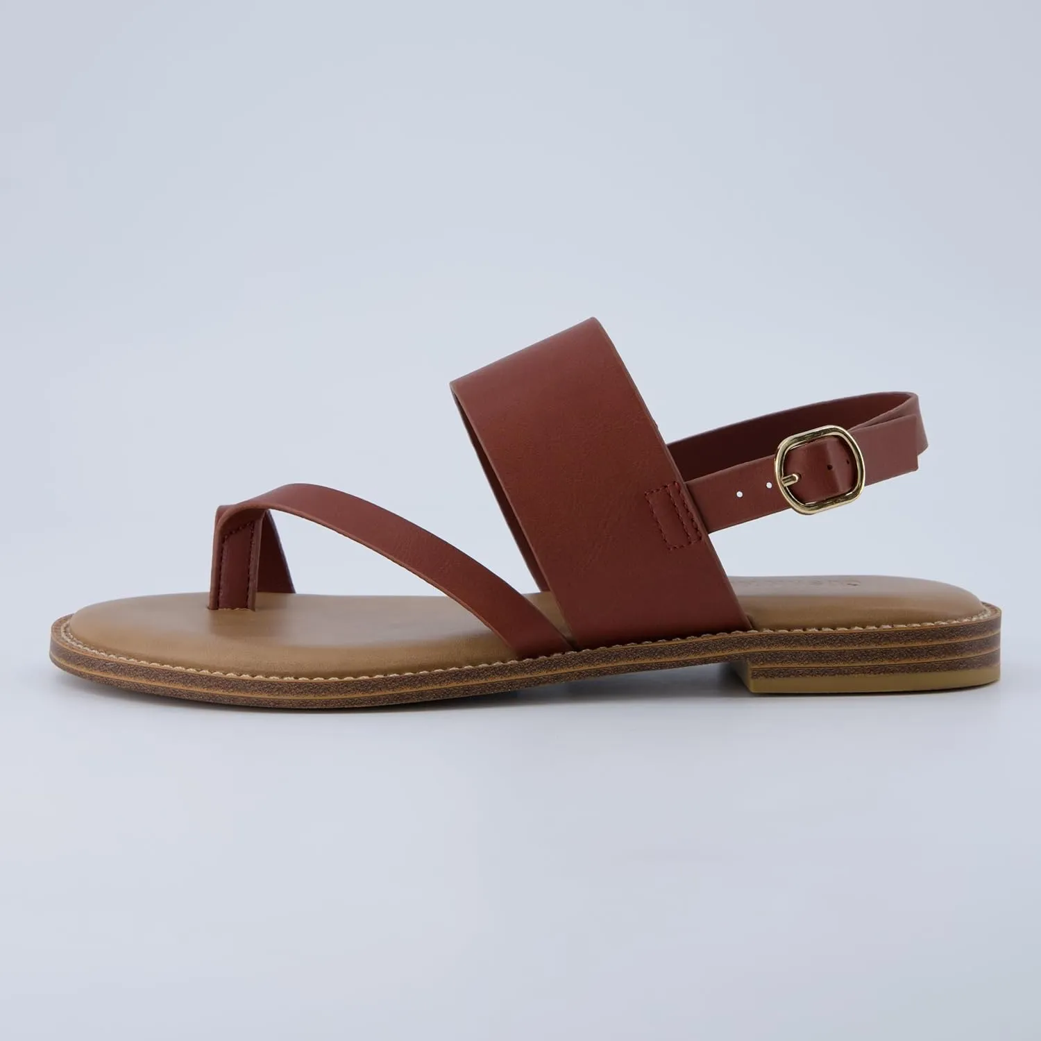 CUSHIONAIRE Leader Women’s Strappy Sandal – Premium Faux Leather Toe Loop Flat with Adjustable Ankle Strap & Cushioned Footbed