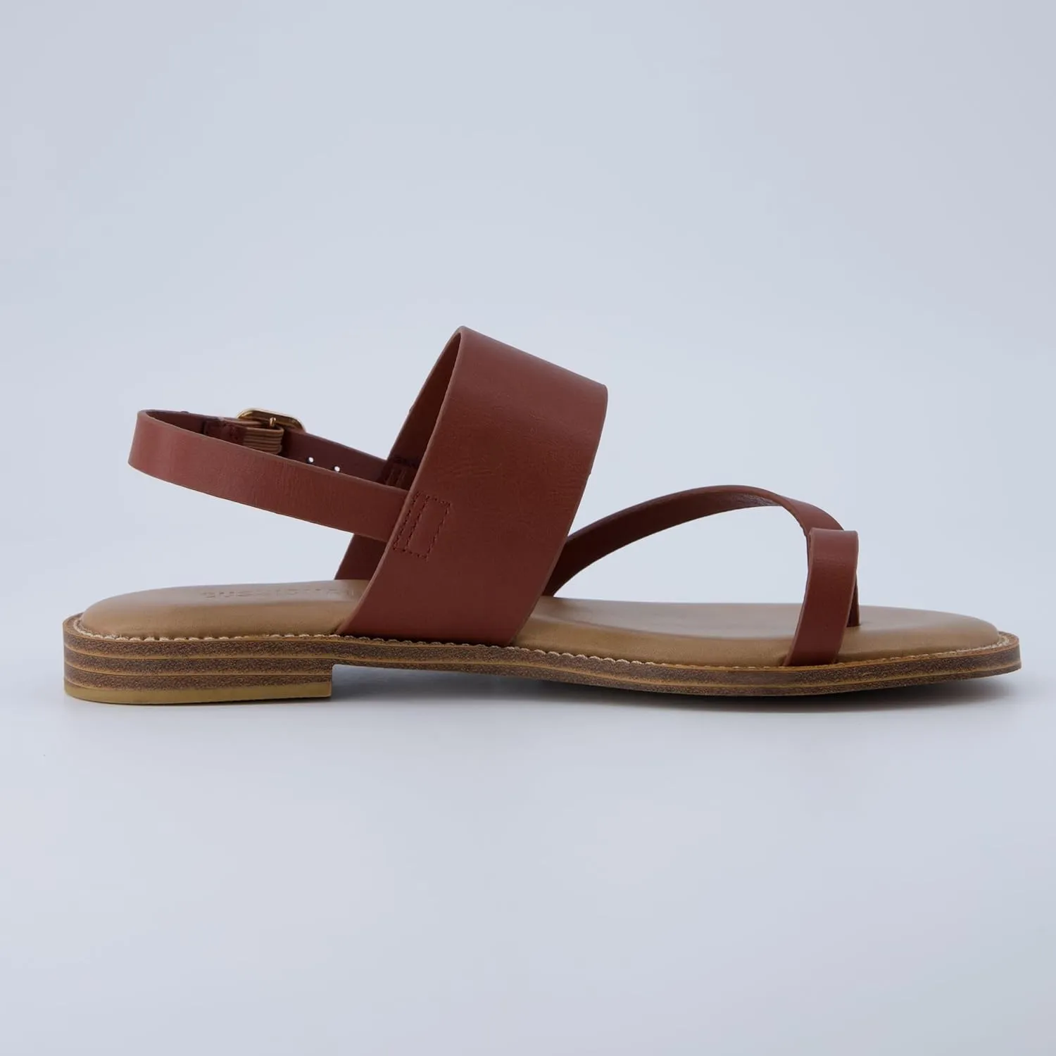 CUSHIONAIRE Leader Women’s Strappy Sandal – Premium Faux Leather Toe Loop Flat with Adjustable Ankle Strap & Cushioned Footbed