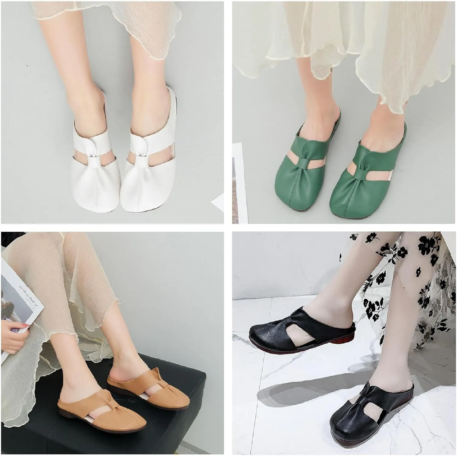 Cut Out Design Flat Mules-Cut Out Mules, 2024 New Women's Round Flat Toe Hollow Out Mules, Non-Slip Flat Mules for Women