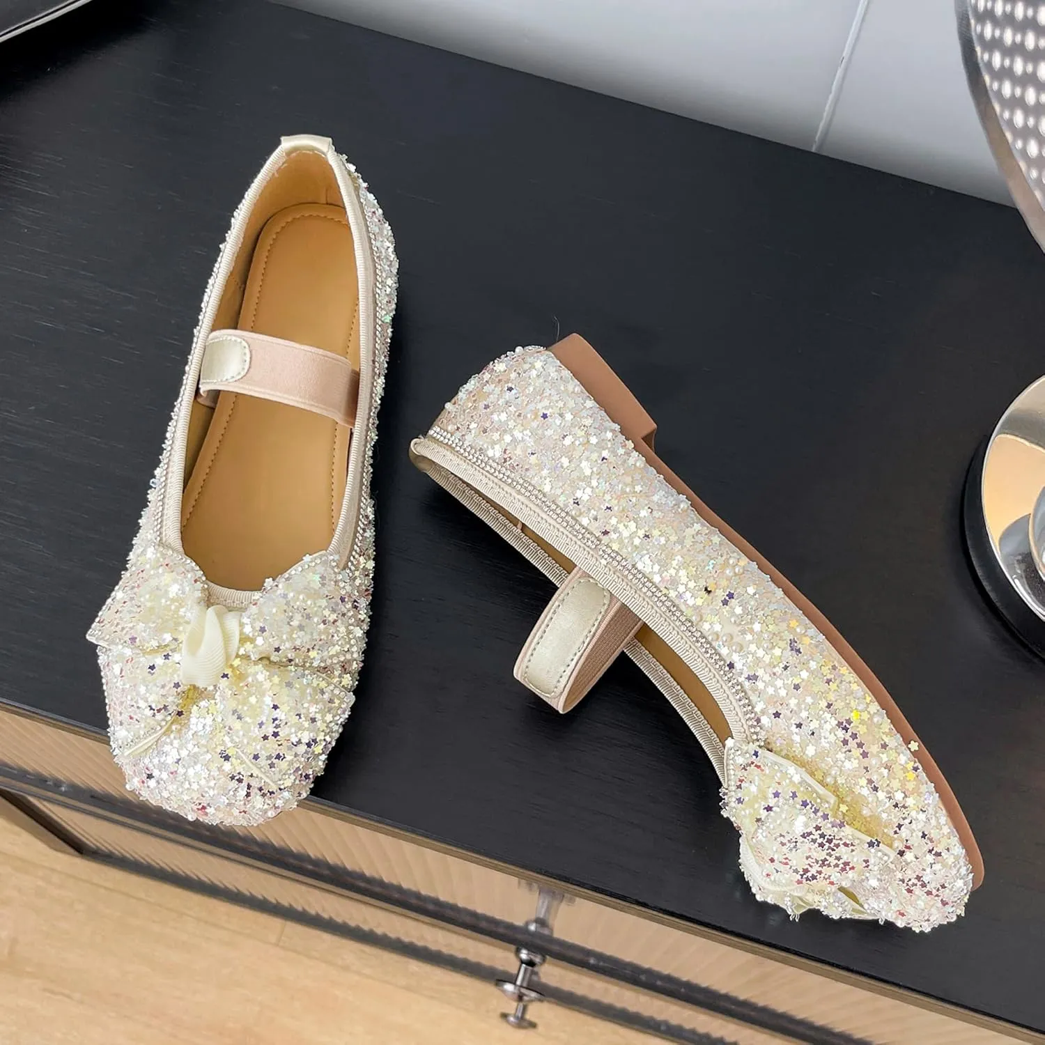 Dear Time Women's Sequin Ballets Sparkly Flat Shoes Bowknot Cute Mary Jane Shoes Elastic Strap Ballets Shoes